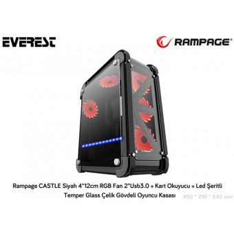 Rampage CASTLE Siyah 4*12cm RGB Fan 2*Usb3.0 + Kart Okuyucu + Led Şeritli Temper Glass Çelik Gövdeli Oyuncu Kasa