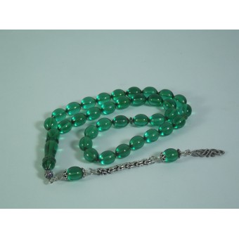 Yeşil Ateş Kehribar Gümüş Püsküllü Tesbih