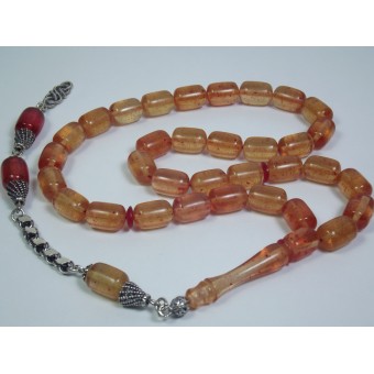 Kırmızı Sarı Ateş Kehribar Gümüş Püskül Tesbih