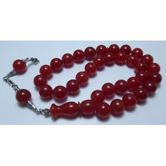 Kırmızı Sıkma Kehribar Gümüş Püskül Tesbih